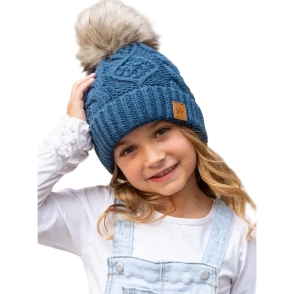 Panache Kids slate blue cable knit hat with faux fur pom accent (67)